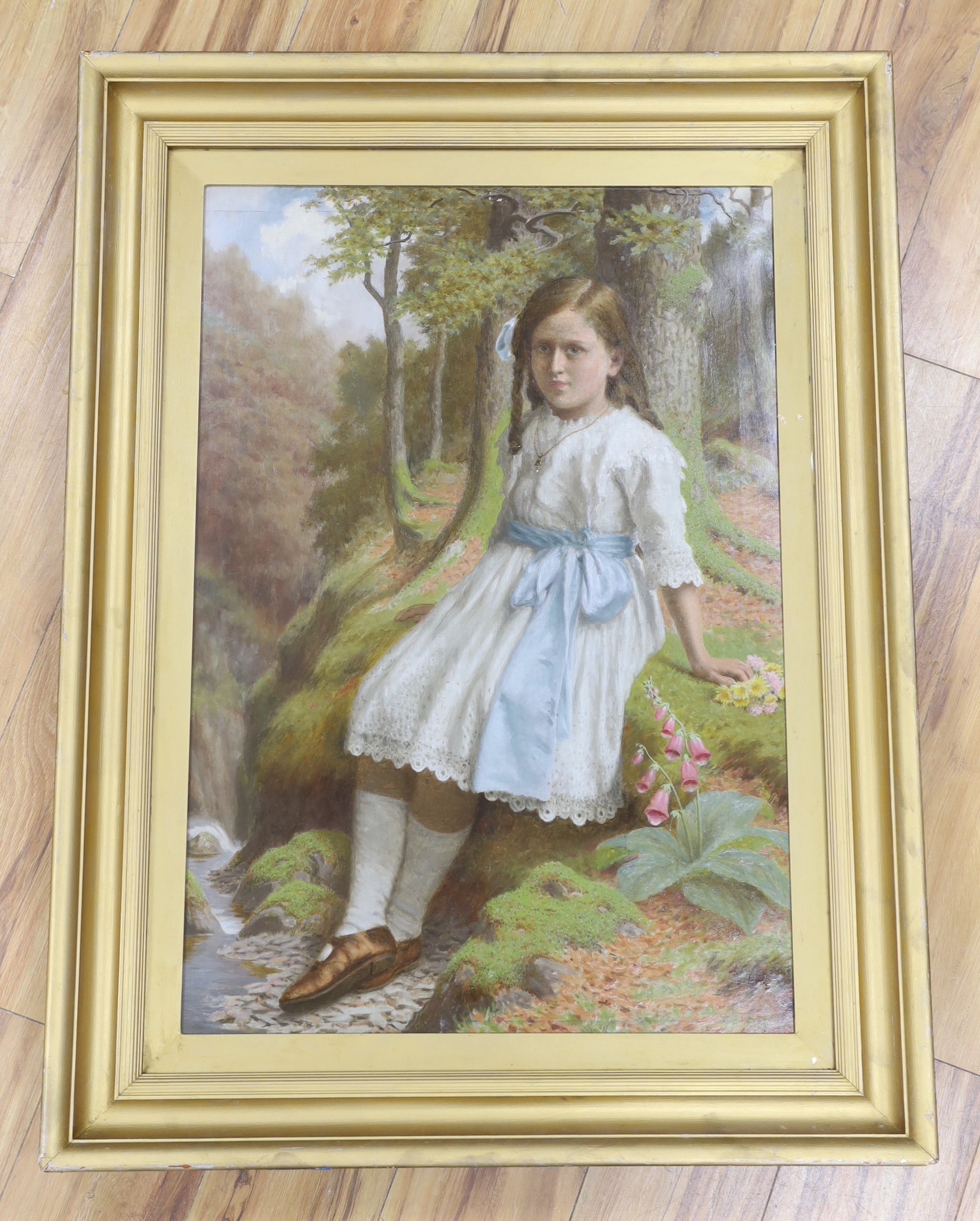 James Barnes (1870-1923), oil on canvas, Girl seated in woodland, 80 x 54cm